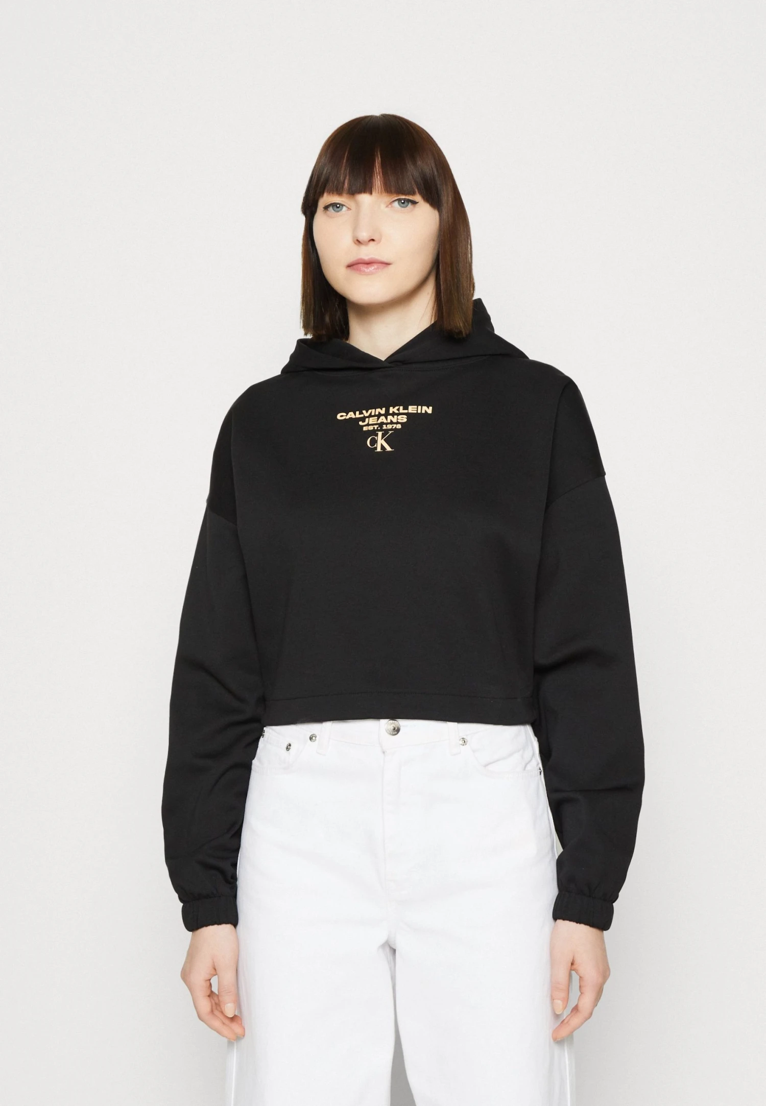 Calvin Klein Jeans Gathered Hem Cropped- Hoodie - Black/Crushed Orange 3 Calvin Klein Jeans Gathered Hem Cropped- Hoodie - Black/Crushed Orange