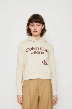 Calvin Klein Jeans Curved Stacked Logo Hoodie - Sweatshirt - Classic Beige